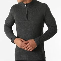 Meilleur prix 😉 Pull Col Zippé LD-69012 Gris Anthracite Chiné de KZR 💯 -KZR Soldes kzr 276615 LD 69012 3 20210729T160703 03